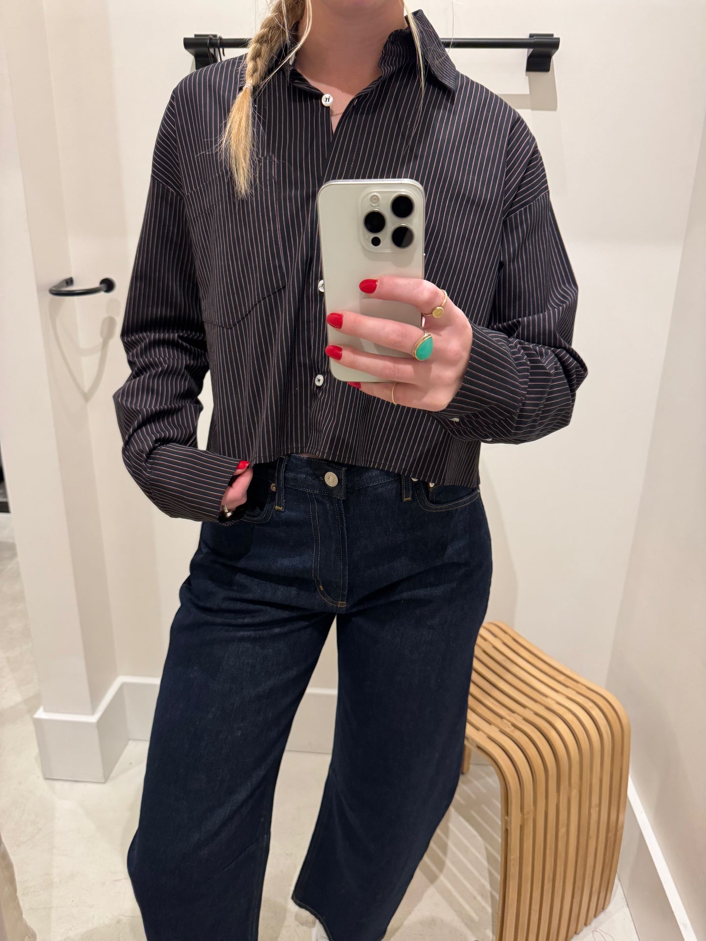 UPCYCLED CROP POP SHIRT POPLIN PINSTRIPE